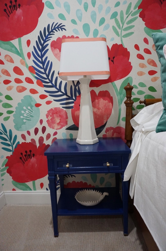 style stitch interior decorating colorful floral wallpaper navy side table coral pink white lamp birmingham al